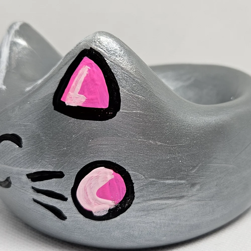 Gray and Pink Cat Ceramic Holder